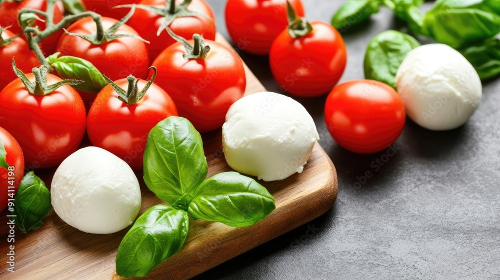 Fresh mozzarella balls arranged on a wooden board, garnished with basil leaves, and surrounded by ripe cherry tomatoes and black pepper