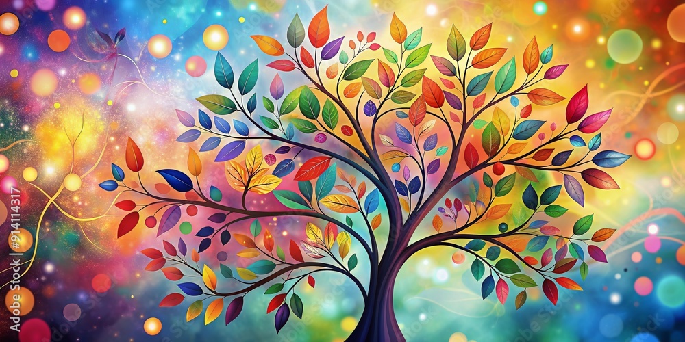 Fototapeta premium Vibrant floral tree with multicolored leaves on delicate hanging branches set against a whimsical abstract background, perfect for a colorful and playful wallpaper design.
