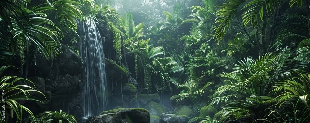 Obraz premium Lush rainforest canopy with a hidden waterfall cascading down the rocks, 4K hyperrealistic photo