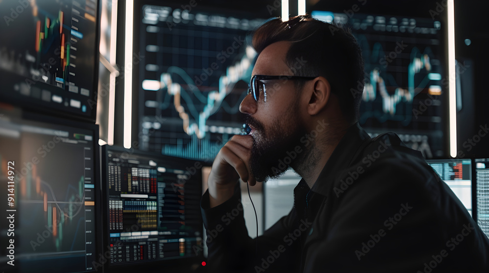 A trader monitors computer screen displaying trading algorithm, automating trade decisions in busy office. A trader monitors computer screen displaying trading algorithm, automating trade decisions in busy office.