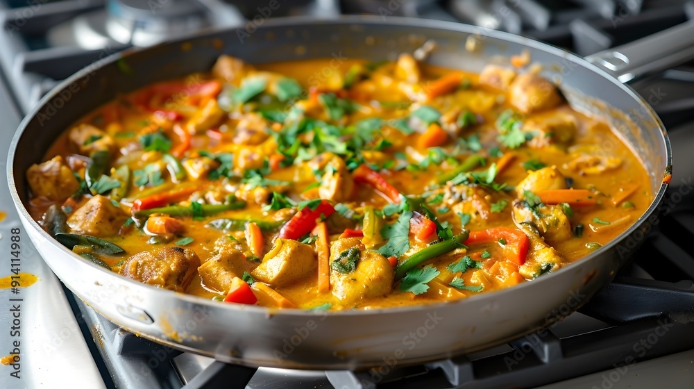 Vibrant Chicken Curry Simmering in Nonstick Pan Over Gas Range Vibrant Chicken Curry Simmering in Nonstick Pan Over Gas Range
