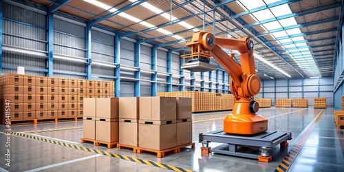In a modern industrial warehouse, a sleek orange robot efficiently stacks boxes on a pallet with precision and speed, demonstrating automation in manufacturing.