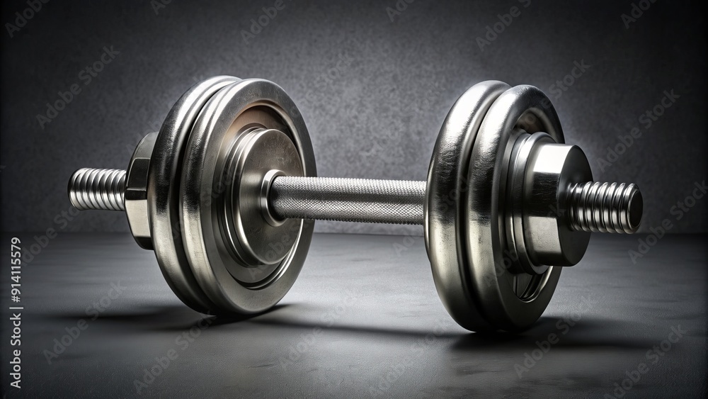 Obraz premium Isolated dumbbell on a clean gray background, highlighting the textured grip and metallic tones, perfect for fitness and bodybuilding themed designs and compositions.