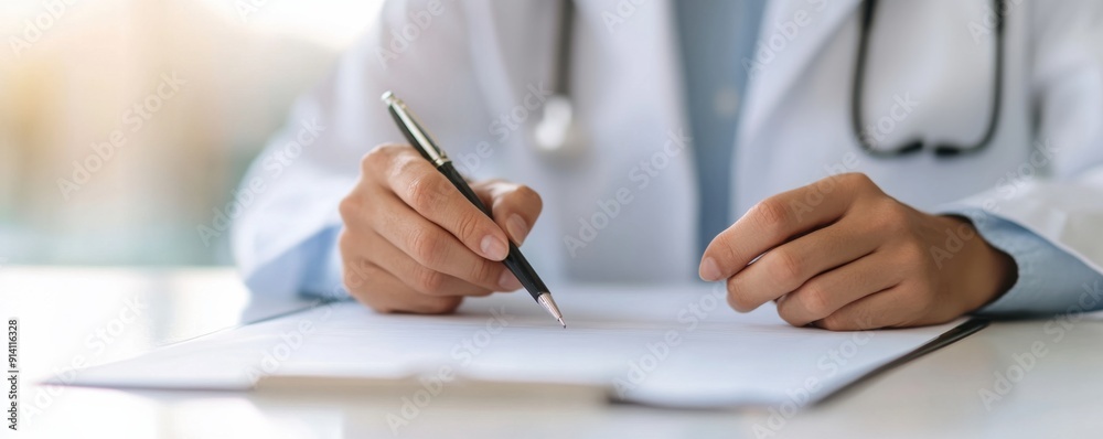 A healthcare professional writing notes. The image captures a doctor's hands holding a pen over a blank paper, symbolizing medical work. A healthcare professional writing notes. The image captures a doctor's hands holding a pen over a blank paper, symbolizing medical work.