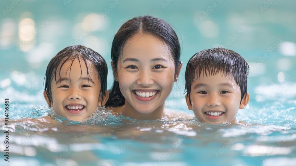 Kids enjoy a joyful swimming lesson with their instructor in a warm indoor pool Kids enjoy a joyful swimming lesson with their instructor in a warm indoor pool