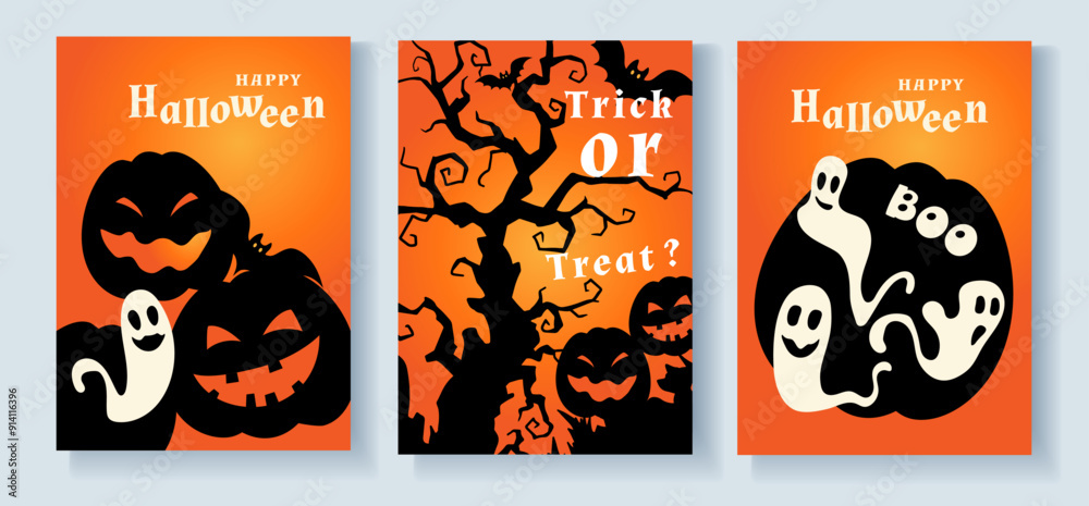 Poster or flyer Halloween with ghost, pumpkin, tree, on the orange background, decoration, banner, social media, card, holidays, celebrate, autumn, vector Poster or flyer Halloween with ghost, pumpkin, tree, on the orange background, decoration, banner, social media, card, holidays, celebrate, autumn, vector