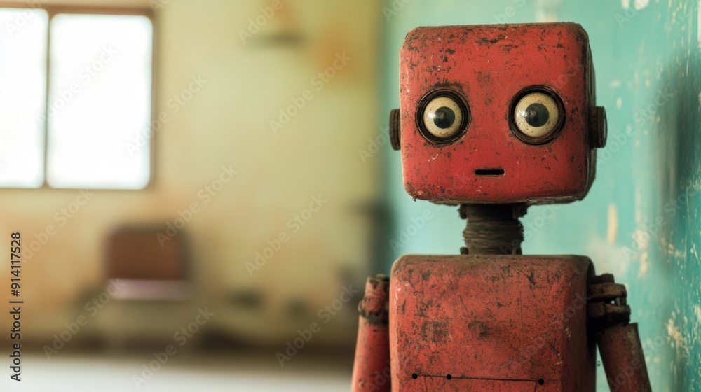 Fototapeta premium A vintage robot stands in an AI classroom designed for learning and collaboration