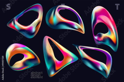 Set of iridescent fluid shapes and bubbles. Collection of colorful vector design elements.