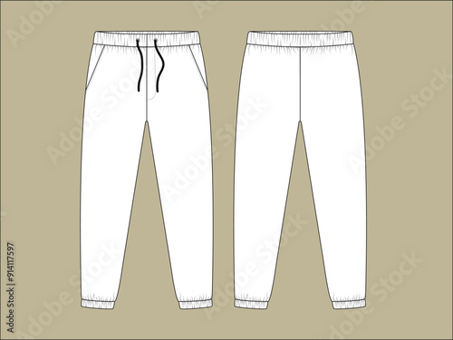Self fabric cuff Fleece jogger with side pockets black and white outline fashion flat sketch.