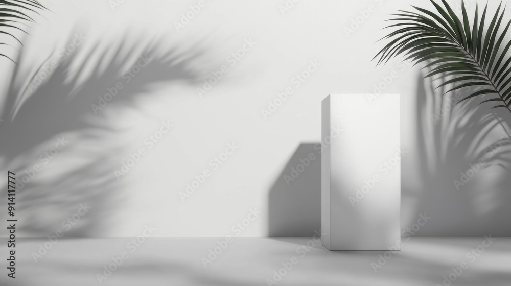 A white pedestal stands in the light, casting intricate shadows from palm leaves nearby