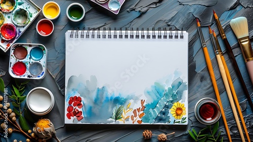 Artistic travel essentials such as a sketchbook, colored pencils, portable easel, travel-size watercolor set, and paintbrushes, laid out neatly with blank space in the center for text, styled with a c photo