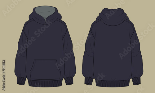 Menswear colour block terry fleece hoodie with kangaroo pocket flat sketch outline vector fashion illustration template.