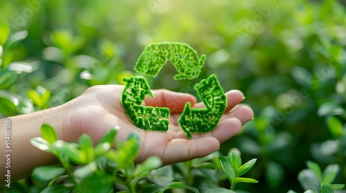 Reduce the idea of CO2 emissions. A hand holding a green CO2 emissions symbol stands for net zero, carbon neutrality, and awareness of one's carbon footprint. Changes in climate,  photo