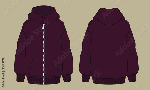 Menswear Clothing zipper pullers colour block terry fleece hoodie with kangaroo pocket flat sketch outline vector fashion illustration template.