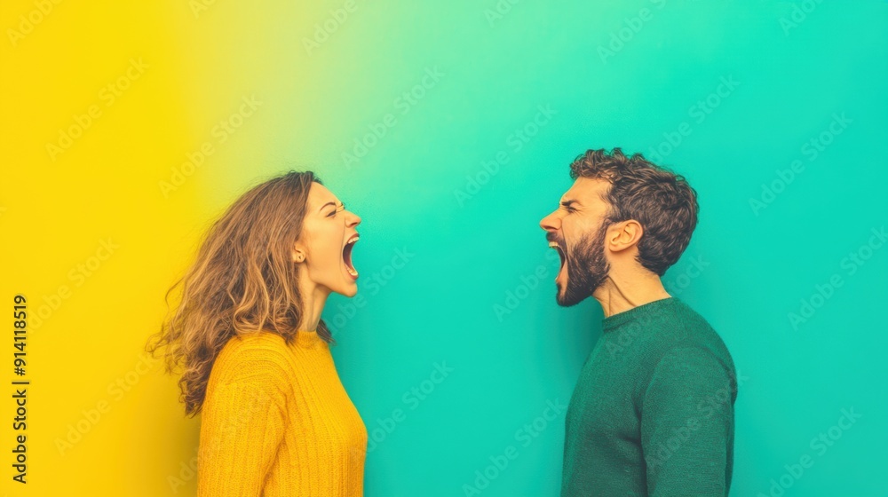 A woman and man passionately argue, both shouting at each other in a vibrant, colorful environment A woman and man passionately argue, both shouting at each other in a vibrant, colorful environment