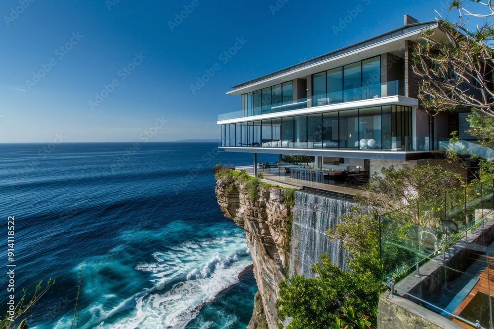 Luxurious modern mansion with glass walls, perched on a cliff, facing the endless blue ocean, with waves crashing below Luxurious modern mansion with glass walls, perched on a cliff, facing the endless blue ocean, with waves crashing below