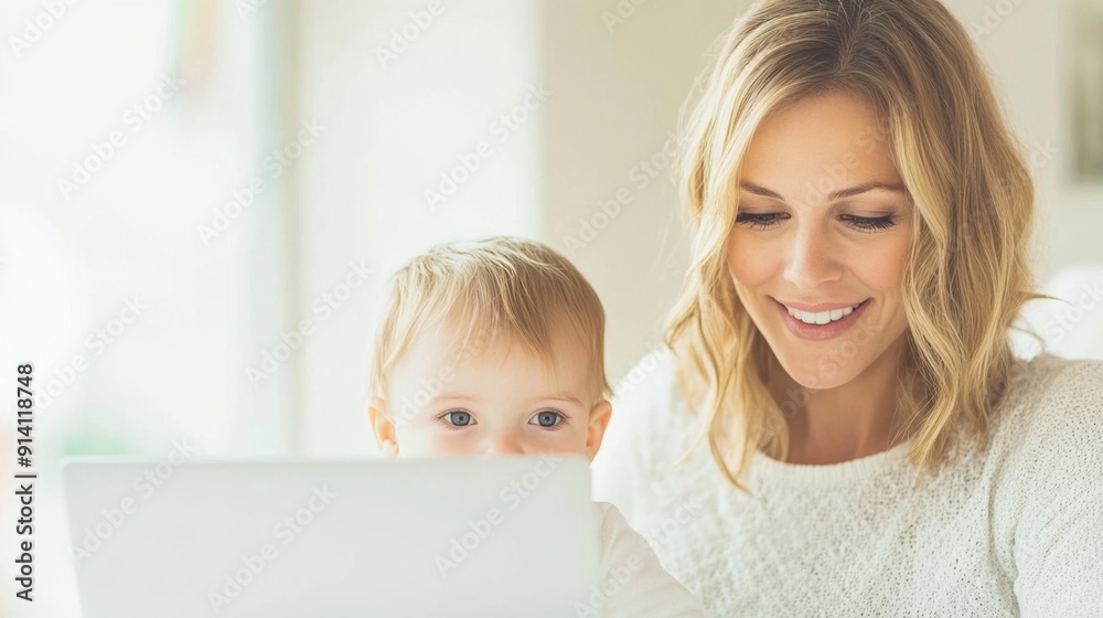 A mother enjoys working on her laptop at home, smiling at her child sitting beside her A mother enjoys working on her laptop at home, smiling at her child sitting beside her