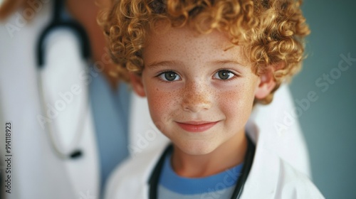 A young boy smiles while receiving a checkup from a friendly female doctor in a medical setting