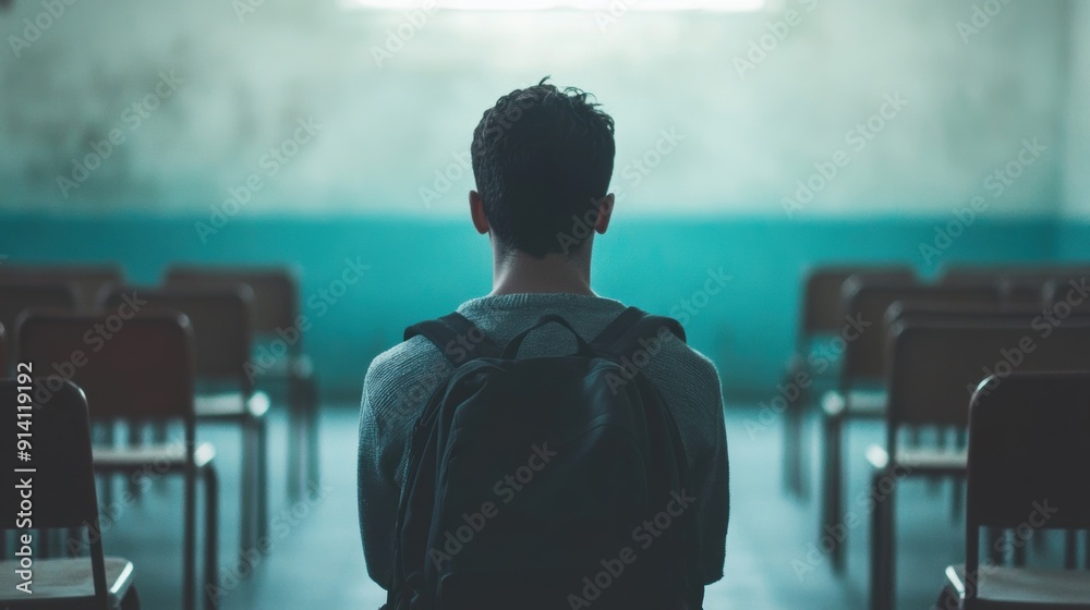 A student sits quietly at a desk in an empty classroom, looking contemplative A student sits quietly at a desk in an empty classroom, looking contemplative