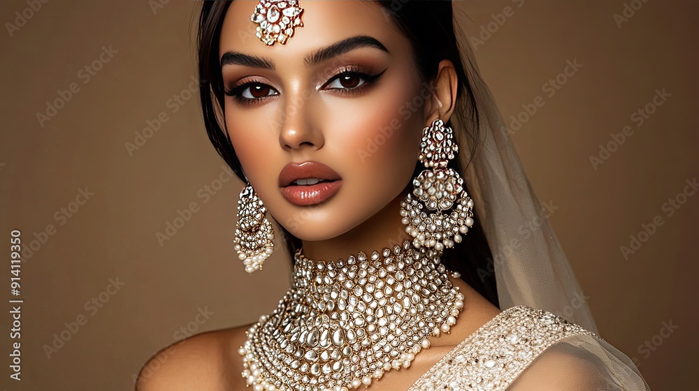 A beautiful model showcasing a wedding jewelry set, with a focus on her necklace and earrings, perfect eyeliner makeup, and a beige background A beautiful model showcasing a wedding jewelry set, with a focus on her necklace and earrings, perfect eyeliner makeup, and a beige background