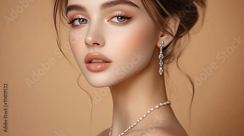 A beautiful woman wearing a wedding jewelry set, with a delicate necklace and earrings, perfect makeup, and a soft beige background