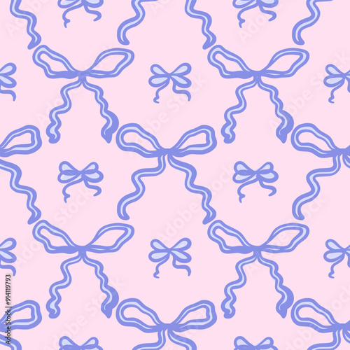 Seamless pattern of blue hand-drawn whimsical ribbon bows on pink background. Cute vintage repeating design. Vector illustration in coquette aesthetic. Perfect for textile, wrapping paper.