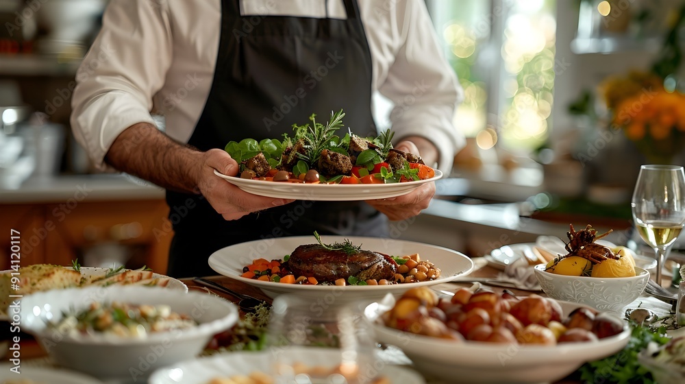 Elaborate Dinner Party Spread with Gourmet Dishes and Elegant Table Setting Elaborate Dinner Party Spread with Gourmet Dishes and Elegant Table Setting