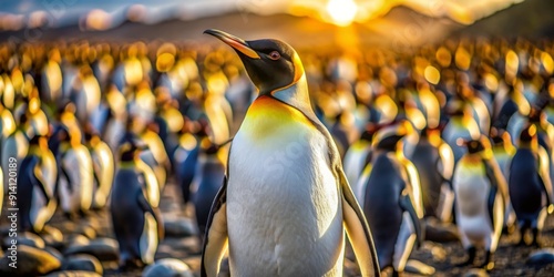 Majestic rare Royal Penguin stands amidst a bustling colony on a remote island in the Southern Ocean, its distinctive yellow crest glistening in the sunlight. photo