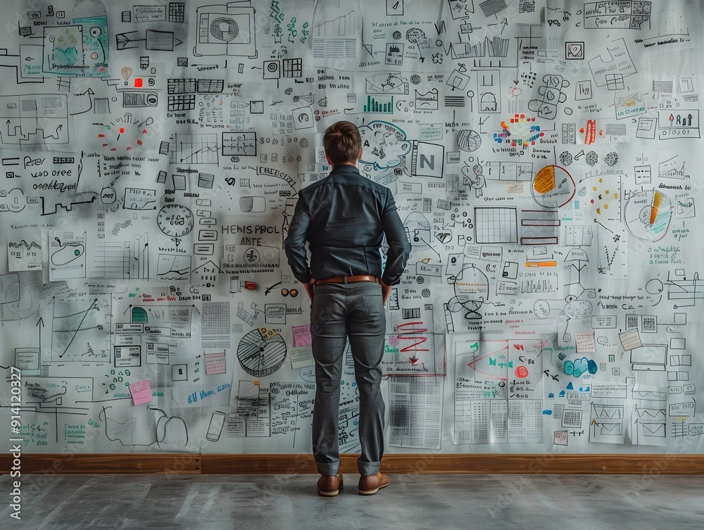 Overweight Individual Brainstorming Ideas on a Dynamic Office Whiteboard Overweight Individual Brainstorming Ideas on a Dynamic Office Whiteboard