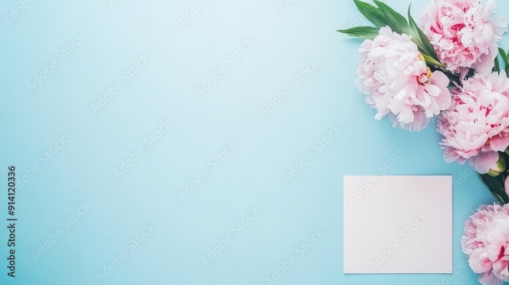Fresh pink peonies are beautifully arranged beside a blank card on a textured gray surface, perfect for a heartfelt message or greeting Fresh pink peonies are beautifully arranged beside a blank card on a textured gray surface, perfect for a heartfelt message or greeting