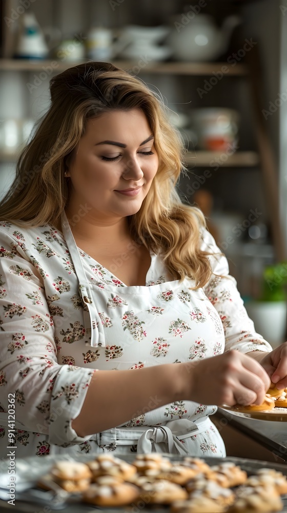 Overweight Woman Baking Cookies with Enjoyment in Modern Kitchen Interior Overweight Woman Baking Cookies with Enjoyment in Modern Kitchen Interior