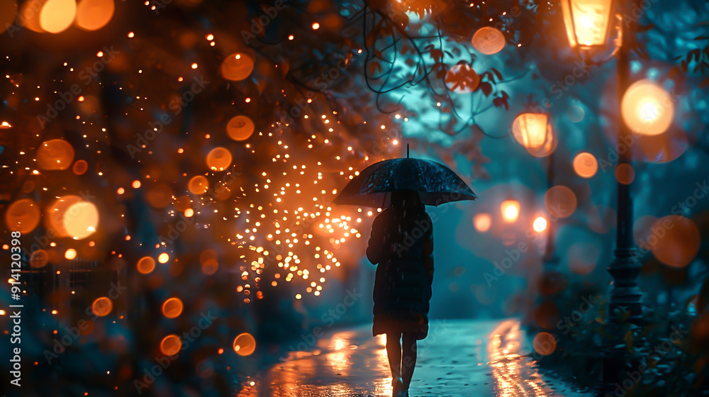 A magical rainy night with sparkling raindrops illuminated by glowing streetlights A magical rainy night with sparkling raindrops illuminated by glowing streetlights