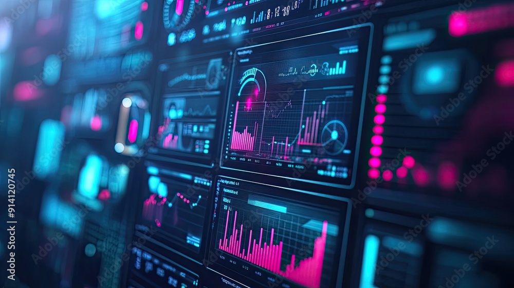 A close-up of a digital dashboard displaying real-time data and analytics, representing business automation and strategy A close-up of a digital dashboard displaying real-time data and analytics, representing business automation and strategy