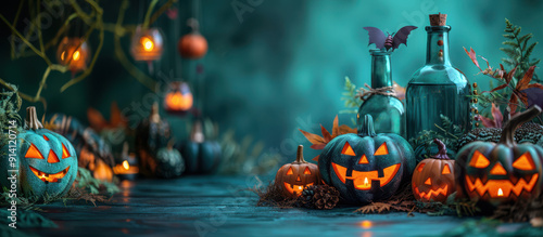 Scary pumpkins and poison decorations and poison potions and Halloween decorations framing the edges on simple slean neon green background. photo