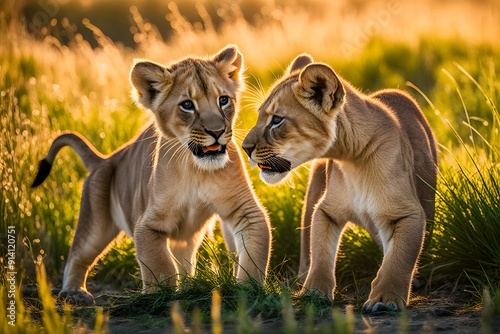 Lion cubs in the grass in the Okavango Delta, Botswana. photo