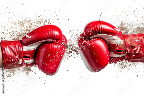 Pair of red boxing gloves clashing with splashes isolated on transparent background	
 photo