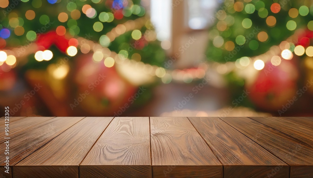 Empty wooden table over defocused christmas background with copy space Empty wooden table over defocused christmas background with copy space