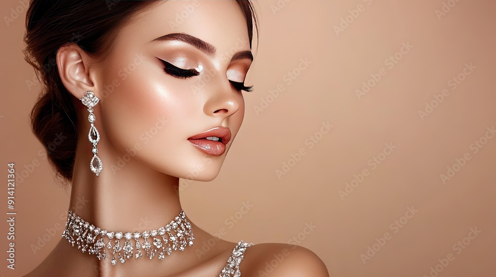 A close-up of an elegant woman, adorned in a wedding jewelry set with a necklace and earrings, showcasing her flawless eyeliner and smooth skin on a beige background A close-up of an elegant woman, adorned in a wedding jewelry set with a necklace and earrings, showcasing her flawless eyeliner and smooth skin on a beige background