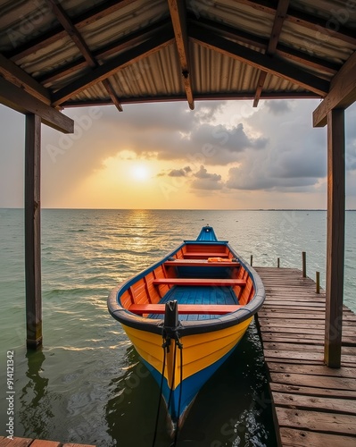 A colorful boat moored at a wooden dock during a tranquil sunset, reflecting the serene beauty of the waterfront.