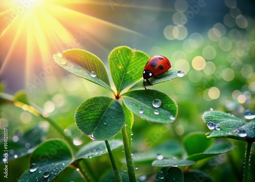 Delicate ladybug inches along the rare, dew-kissed petals of a vibrant four-leaf clover, surrounded by lush greenery and soft, morning light.