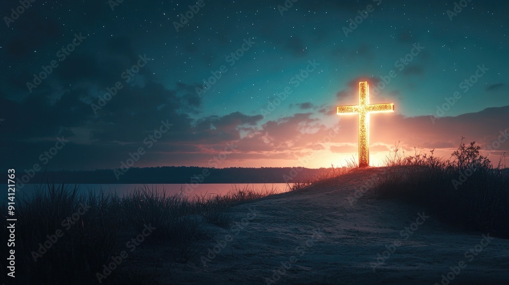 Illuminated cross against a twilight sky, representing faith and inspiration, with copy space Illuminated cross against a twilight sky, representing faith and inspiration, with copy space