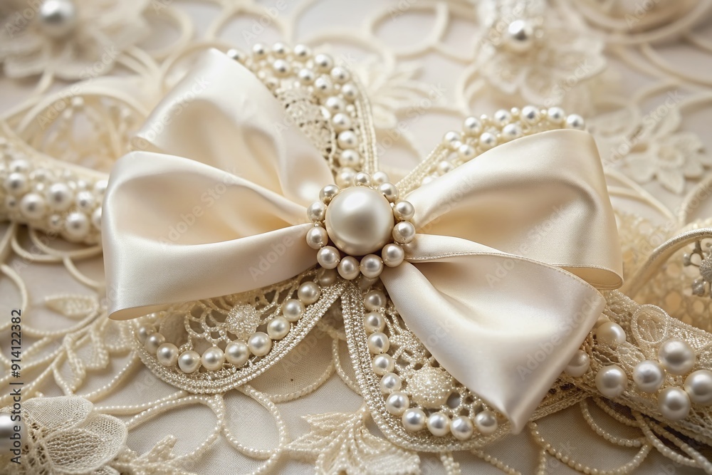 Elegant satin wedding bow adorned with delicate pearls and crystals rests on a romantic lace background, evoking feelings of luxury and sophistication. Elegant satin wedding bow adorned with delicate pearls and crystals rests on a romantic lace background, evoking feelings of luxury and sophistication.