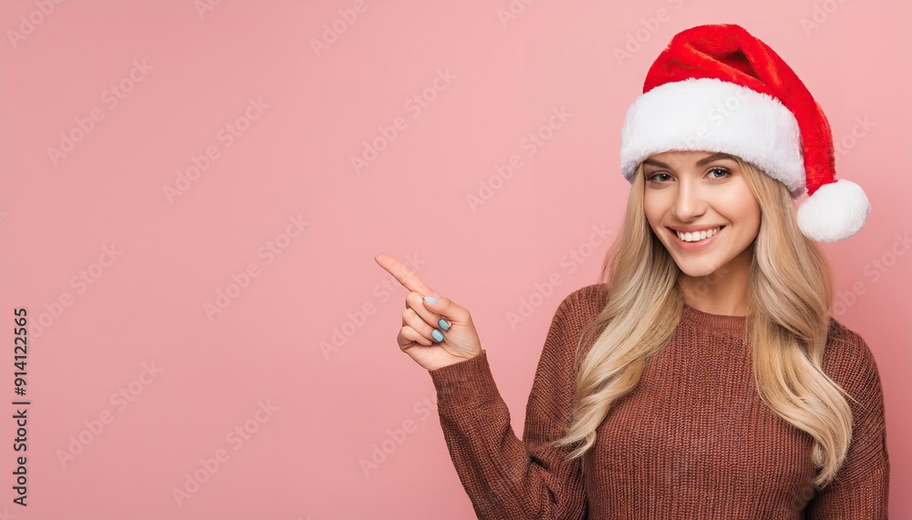 Beautiful young woman with Santa hat looking at camera pointing finger away at copy space Beautiful young woman with Santa hat looking at camera pointing finger away at copy space