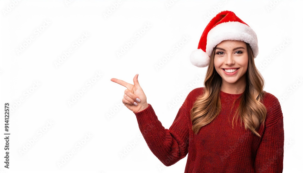 Beautiful young woman with Santa hat looking at camera pointing finger away at copy space Beautiful young woman with Santa hat looking at camera pointing finger away at copy space