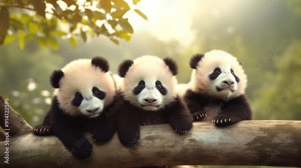Fototapeta premium Three Adorable Panda Cubs Resting on a Branch