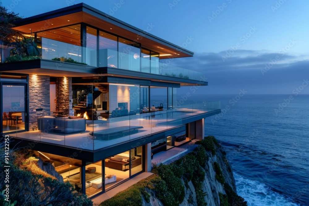 Fototapeta premium Luxurious modern mansion with glass walls, perched on a cliff, facing the endless blue ocean, with waves crashing below