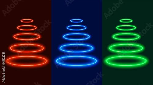 Futuristic neon portals, glowing spirals set, vector illustration.