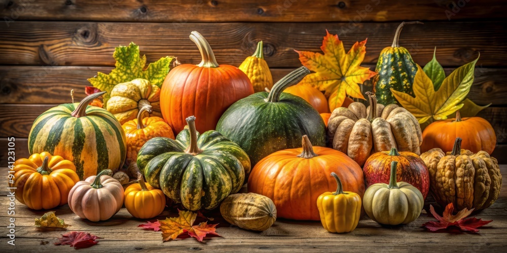 Vibrant assortment of autumnal squash and pumpkins in various shapes, sizes, and hues, artfully arranged on a rustic wooden table against a warm seasonal backdrop. Vibrant assortment of autumnal squash and pumpkins in various shapes, sizes, and hues, artfully arranged on a rustic wooden table against a warm seasonal backdrop.