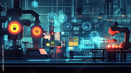 A futuristic factory setting with icon graphics of connected devices, showcasing the automation and networking of Industry 4.0.