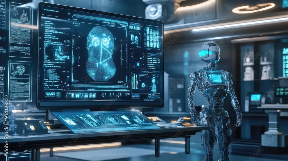 A futuristic lab setting with a digital robot and holographic screens displaying health data, highlighting AI's role in medical research. A futuristic lab setting with a digital robot and holographic screens displaying health data, highlighting AI's role in medical research.